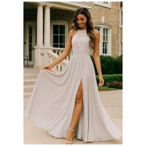 LULUS Gray Lace High Neck Maxi Dress Small Bridesmaid Formal Slit Gown